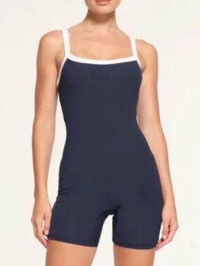 Skims Soft Lounge Ringer Scoop Romper Size L Ribbed Navy Blue Travel Spring
